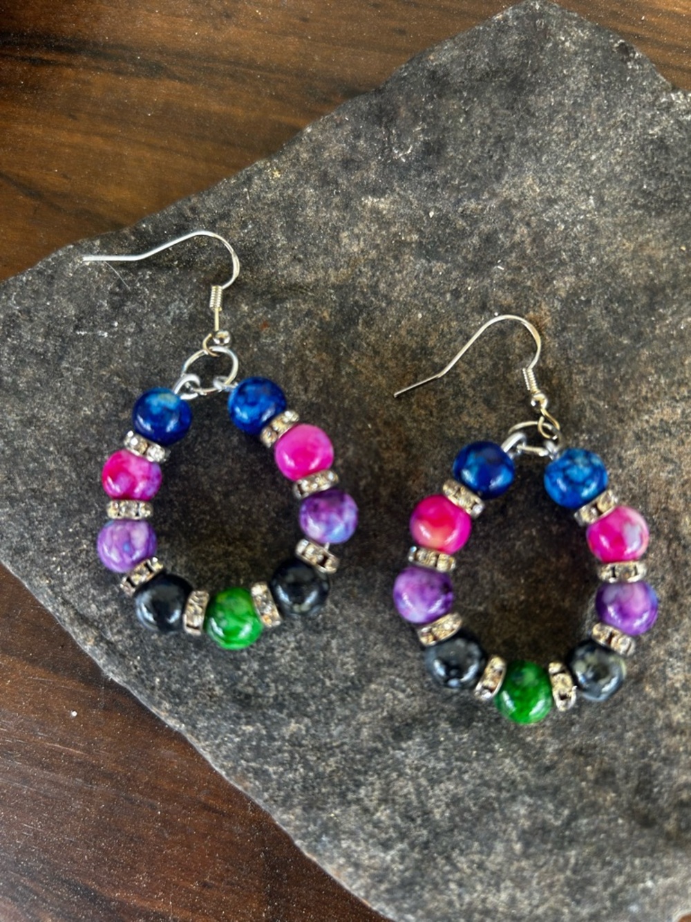 Handmade MulticolorBeaded Hoop Earrings - Vibrant Pink, Blue, Purple, Green